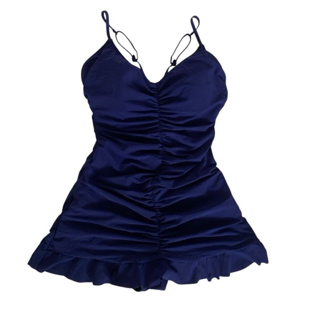 Profile by Gottex blue ruched ruffle hem tummy control flattering 10 swimsuit